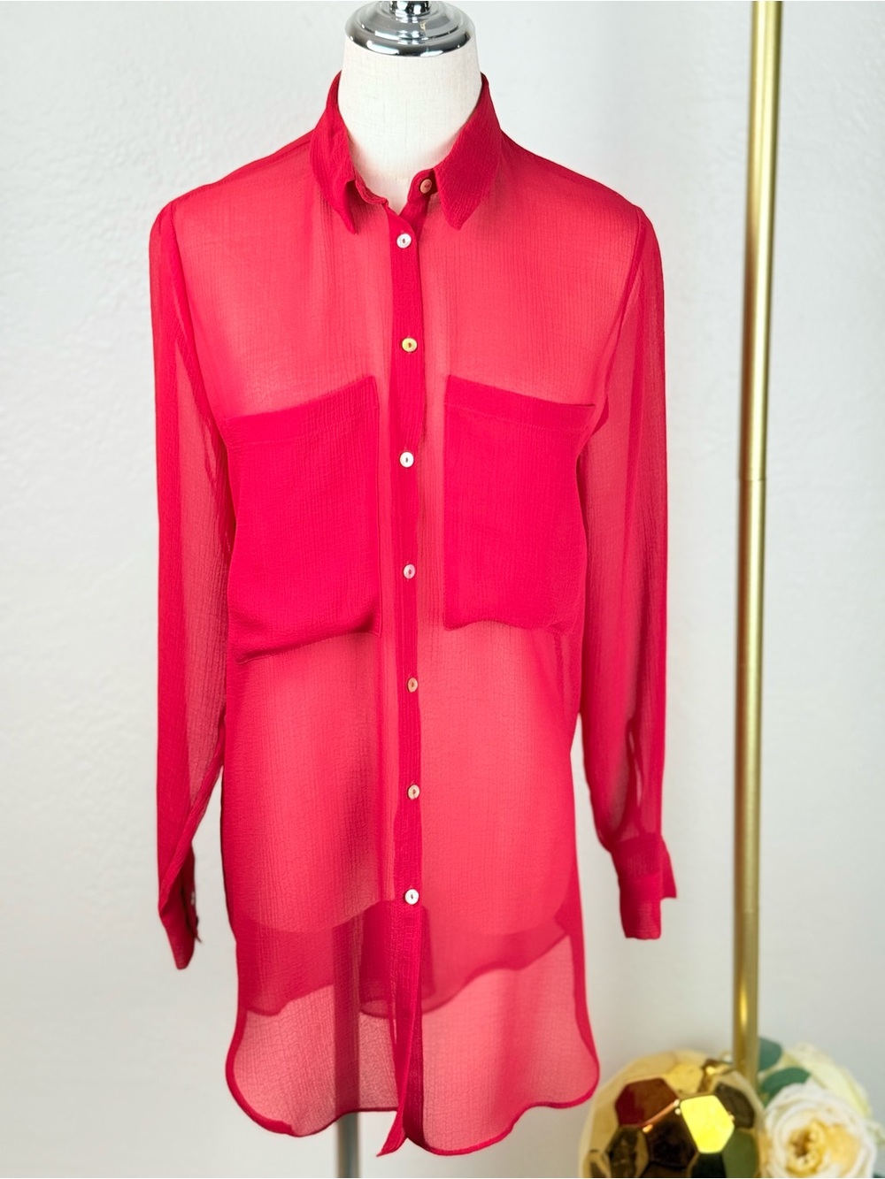 Zara Oversized Sheer Blouse in True Red/NWOT/Sm/Mob Wife Lagenlook